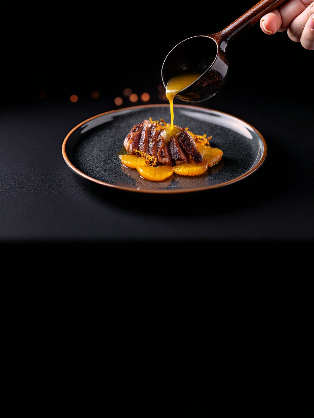 Sliced duck breast plated with orange sauce